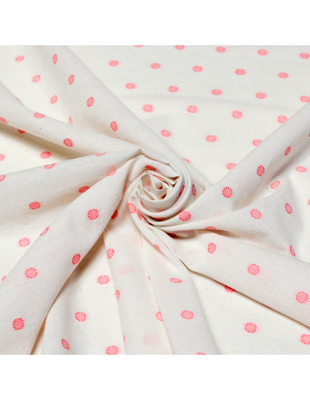 Toile de coton brodée - Cercle pointillé rose fluo