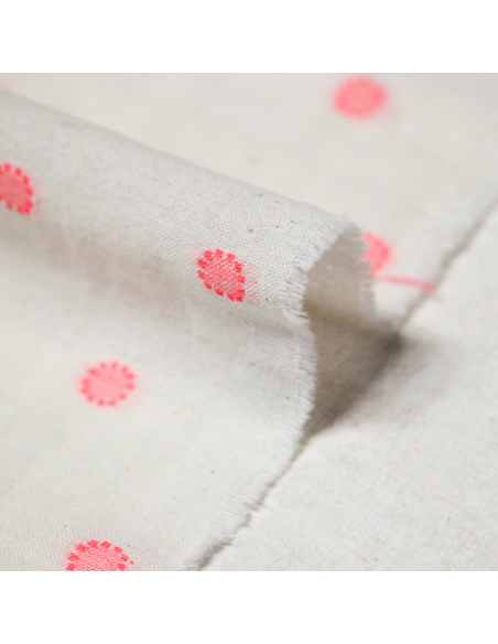 Toile de coton brodée - Cercle pointillé rose fluo
