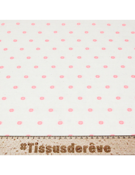 Toile de coton brodée - Cercle pointillé rose fluo
