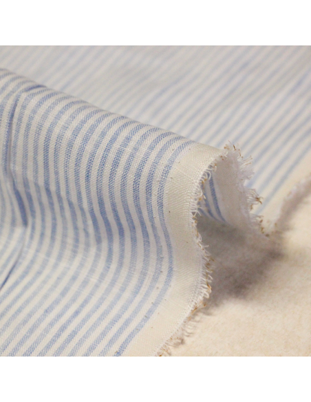Étoffe 100 % lin - Rayures bleues et blanches