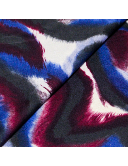 Crêpe satin - Motif abstrait bordeaux et bleu