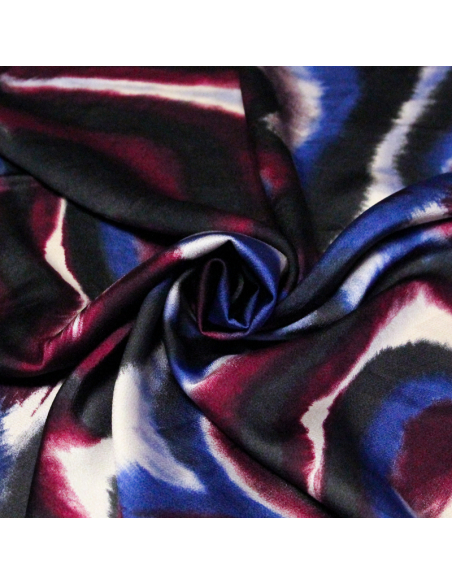 Crêpe satin - Motif abstrait bordeaux et bleu