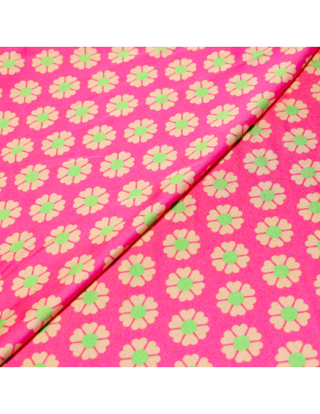 Crêpe satin - Fleurs vertes fond fuchsia