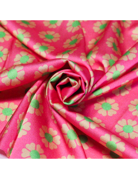 Crêpe satin - Fleurs vertes fond fuchsia