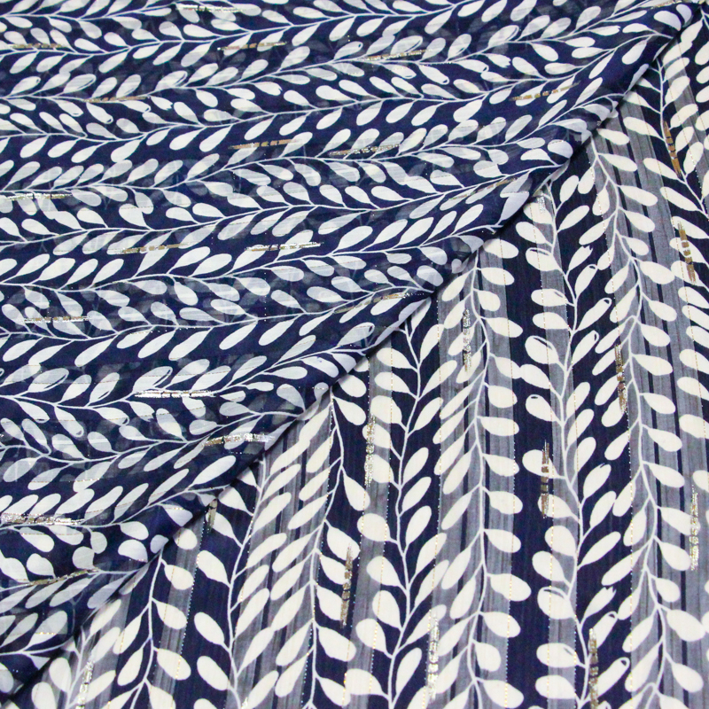 Mousseline bande satin rayure lurex - Feuilles blanches fond marine