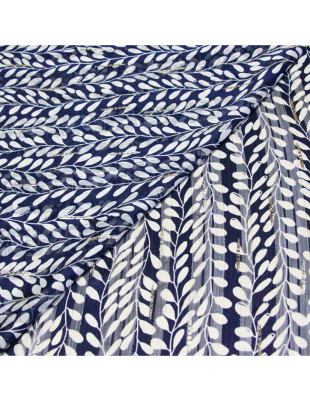 Mousseline bande satin rayure lurex - Feuilles blanches fond marine
