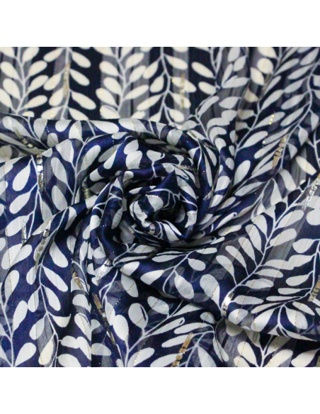 Mousseline bande satin rayure lurex - Feuilles blanches fond marine