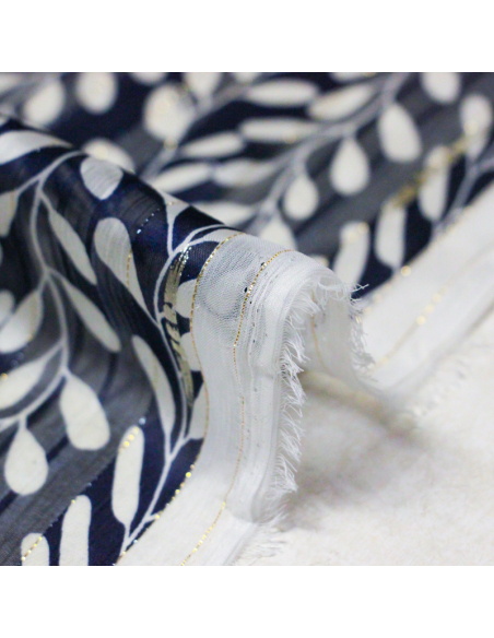 Mousseline bande satin rayure lurex - Feuilles blanches fond marine