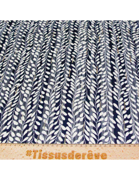 Mousseline bande satin rayure lurex - Feuilles blanches fond marine