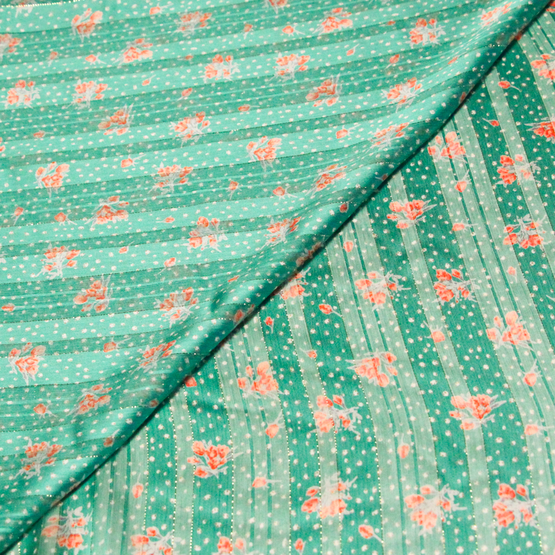 Mousseline bande satin rayure lurex - Fleurs oranges