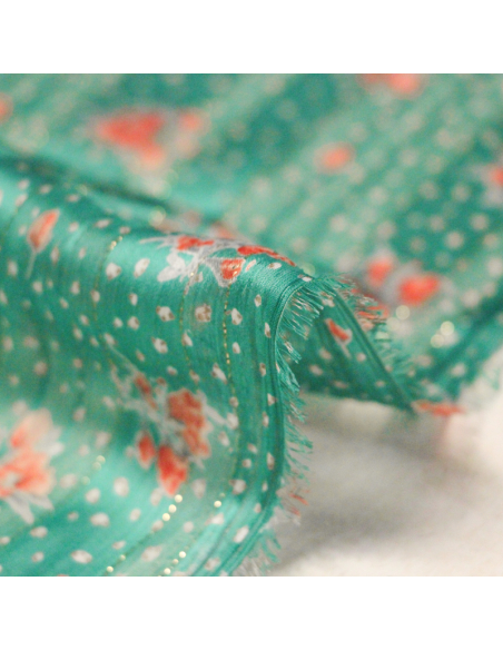 Mousseline bande satin rayure lurex - Fleurs oranges