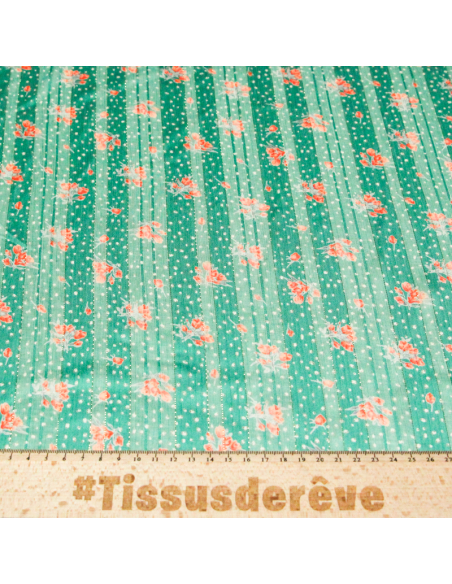 Mousseline bande satin rayure lurex - Fleurs oranges