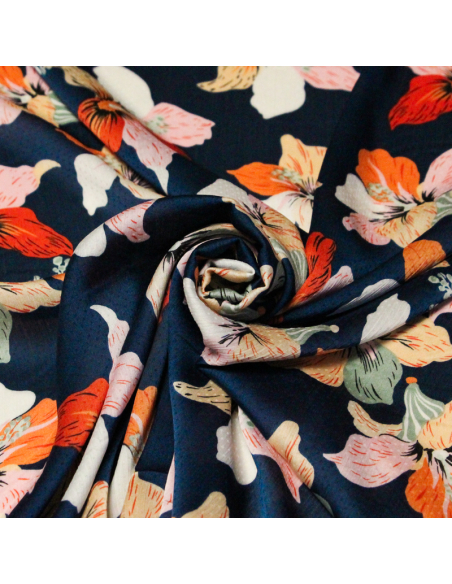 Satin crinckle - Fleurs multicolores fond bleu marine