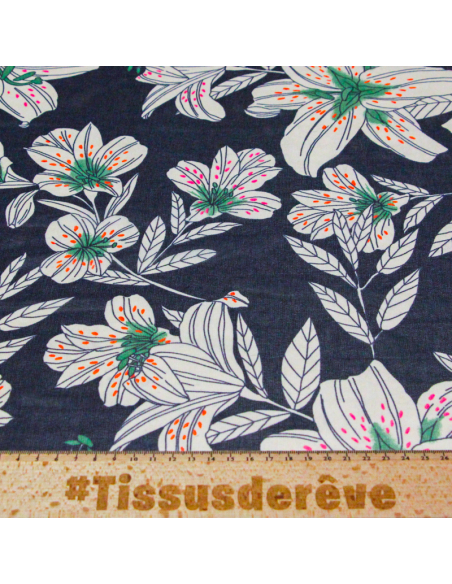 Georgette - Fleurs blanches fond marine