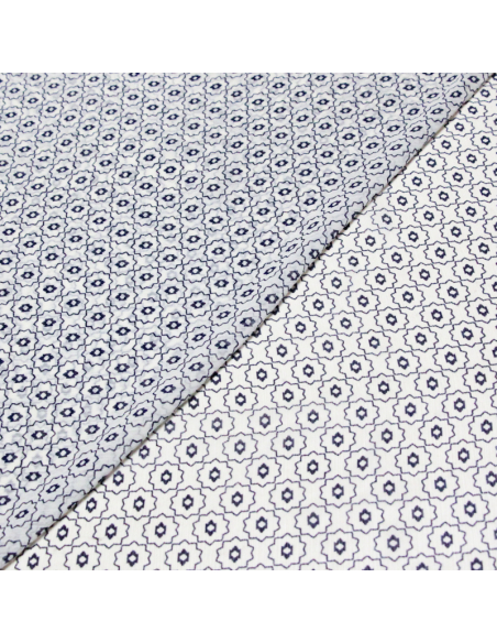 Georgette crinckle - Fleurs géométriques marine fond blanc