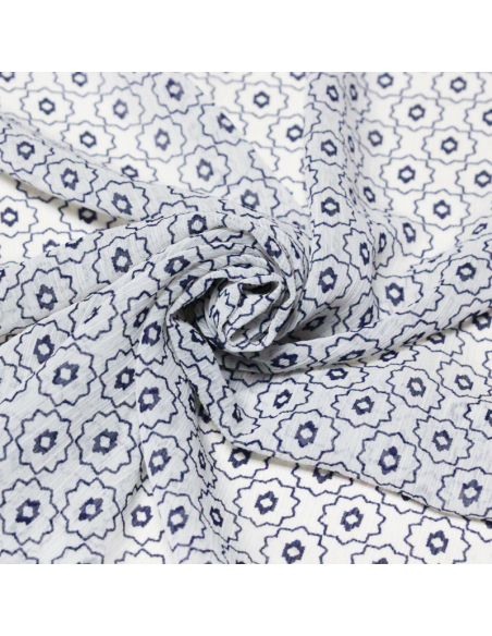 Georgette crinckle - Fleurs géométriques marine fond blanc