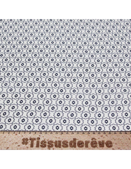 Georgette crinckle - Fleurs géométriques marine fond blanc