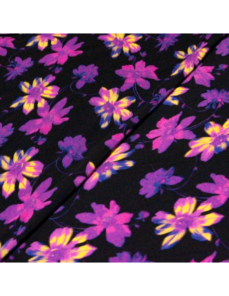 Crêpe 100% viscose - Fleurs violettes et jaunes fond noir