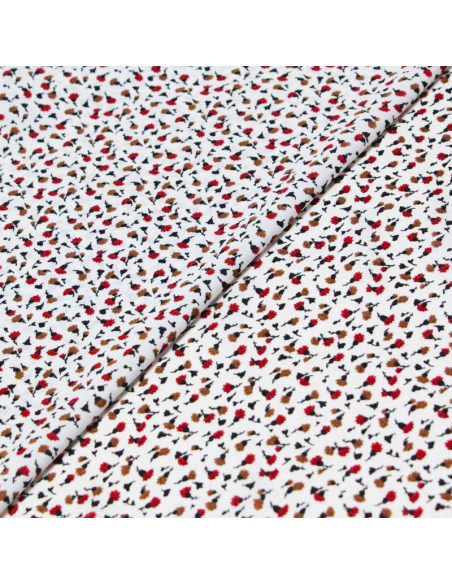 Crêpe - Petites fleurs rouges et brunes fond écru