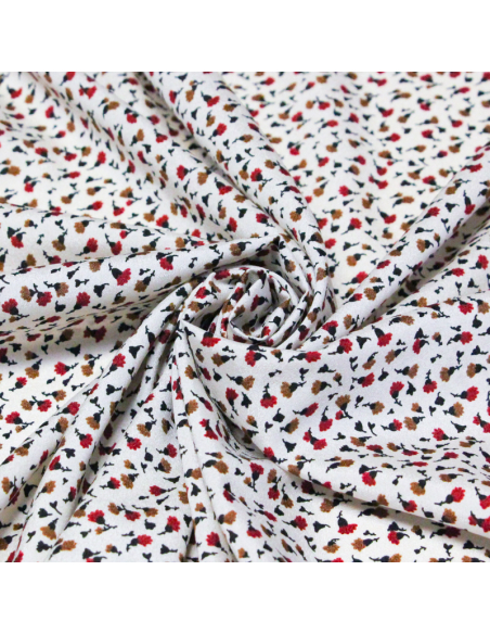 Crêpe - Petites fleurs rouges et brunes fond écru