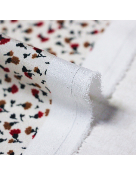 Crêpe - Petites fleurs rouges et brunes fond écru