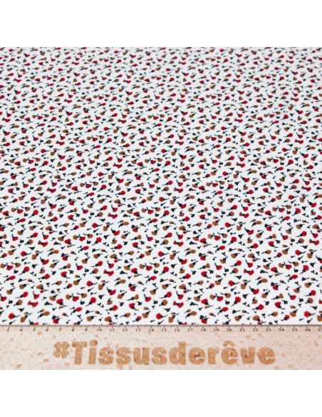 Crêpe - Petites fleurs rouges et brunes fond écru