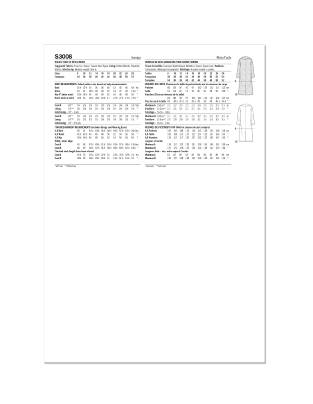 Patron Simplicity 3008.K5 (36-44) - Manteau doublé, deux longueurs & col châle