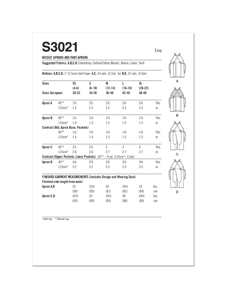 Patron Simplicity 3021.A (34-52) - Tablier & pantalon tablier pour femmes