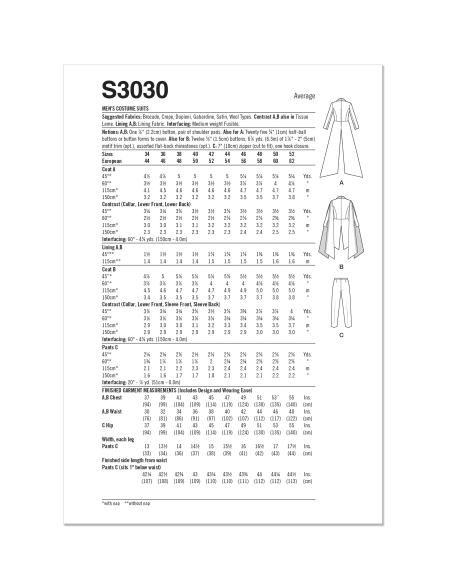 Patron Simplicity 3030.BB (54-62) - Costume homme dramatique : veste longue & pantalon