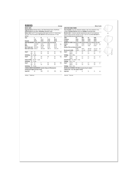 Patron Simplicity 3033.A (36-52) - Cape à zip devant, capuche ou col au choix