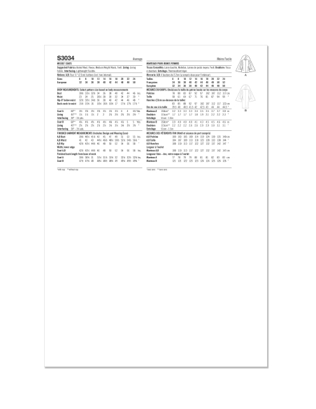 Patron Simplicity 3034.U5 (44-52) - Manteaux amples doublés avec écharpe intégrée