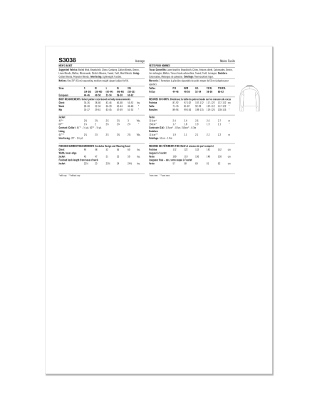 Patron Simplicity 3038.A (36-54) - Veste homme ample à zip & col contrastant