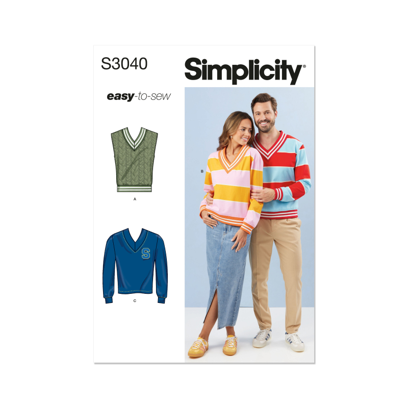 Patron Simplicity 3040.A (34-54) - Unisex Veste & Tops côte contrastante