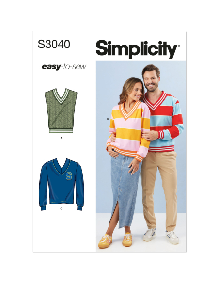Patron Simplicity 3040.A (34-54) - Unisex Veste & Tops côte contrastante