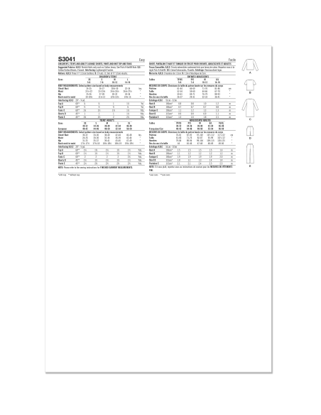 Patron Simplicity 3041.A (34-52) - Ensemble lounge : shorts, pantalons & top/tunique tricotée