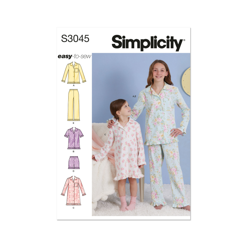 Patron Simplicity 3045.K5 (7-14) - Ensemble lounge enfant : hauts, robe, shorts & pantalons