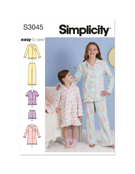 Patron Simplicity 3045.K5 (7-14) - Ensemble lounge enfant : hauts, robe, shorts & pantalons