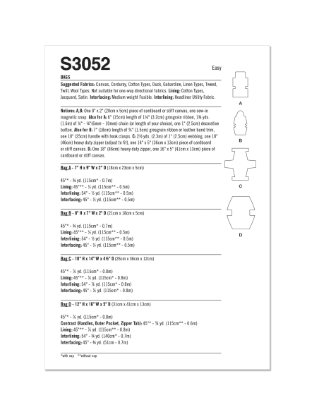Patron Simplicity 3052 - Sacs & pochettes variés faciles à coudre