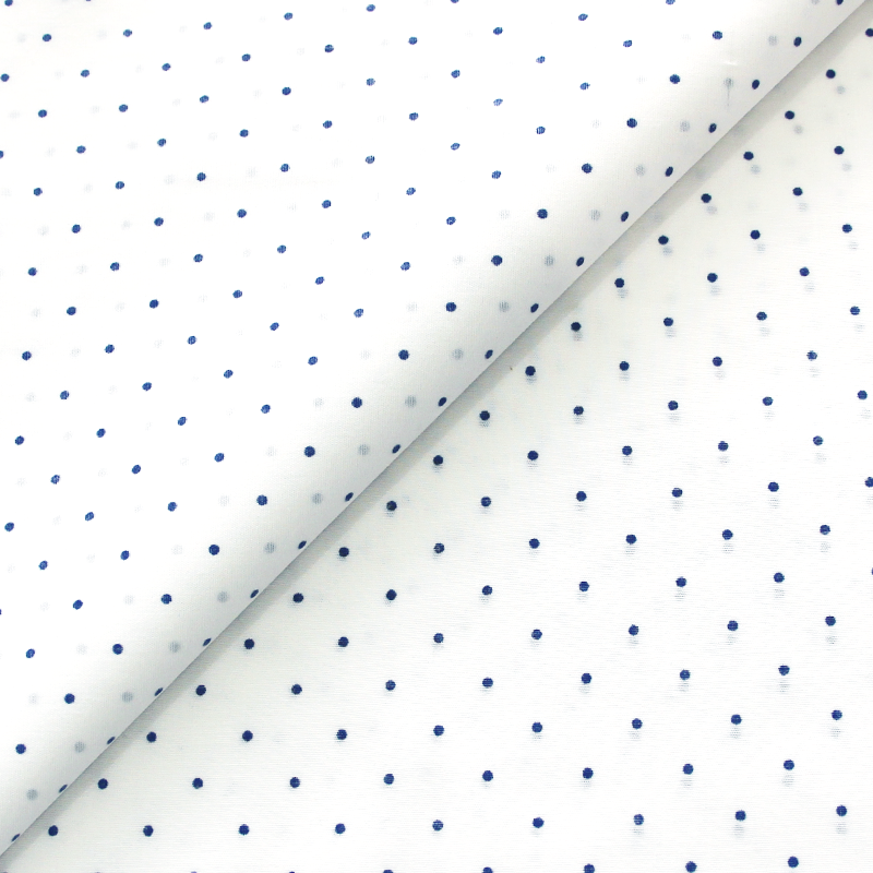 Percale de coton & élasthanne imprimé - Pois tête d'épingle bleus sur fond blanc