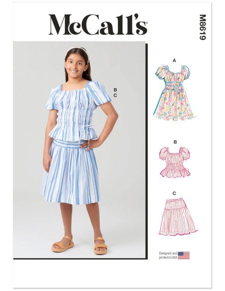 Patron McCall's 8619.A (7-14) - Robe froncée, top et jupe pour fille