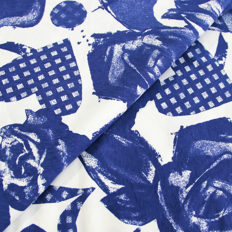 Jersey imprimé coton & élasthanne - Roses & coeurs bleus