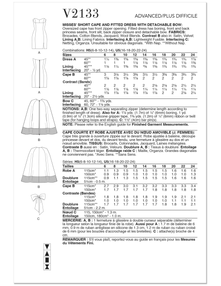 Patron Vogue 2133/H5 (34-42) - Cape courte & robe ajustée avec nœud amovible