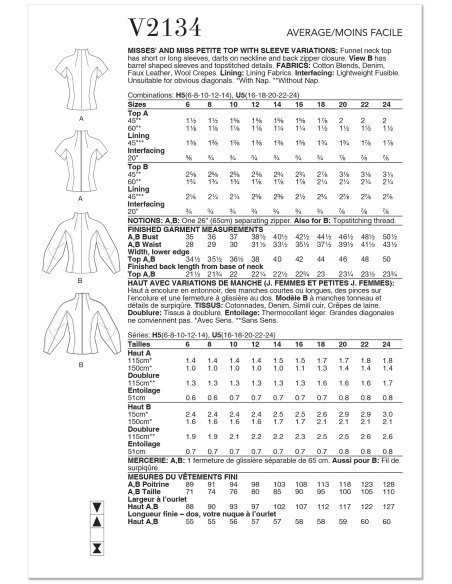 Patron Vogue 2134/H5 (34-42) - Top élégant à encolure entonnoir