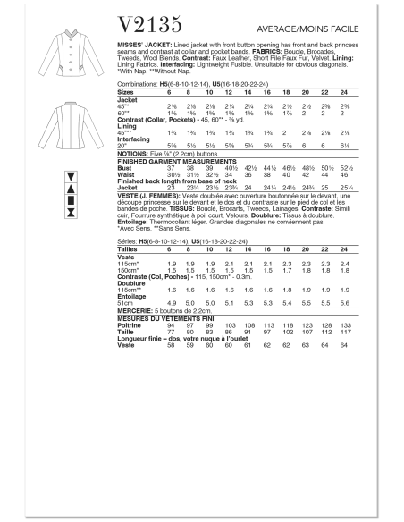 Patron Vogue 2135/H5 (34-42) - Veste doublée à boutons & découpes princesse