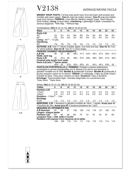Patron Vogue 2138/U5 (44-52) - Pantalon à enroulement & poches passepoil