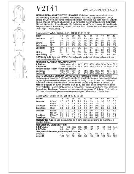 Patron Vogue 2141 BB (56-54) - Veste homme doublée deux longueurs