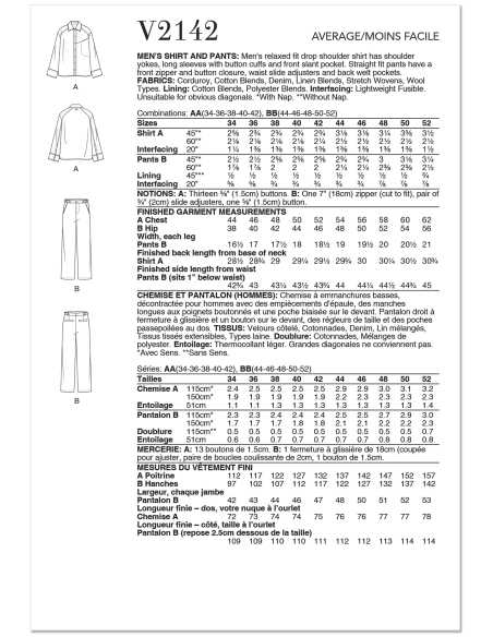 Patron Vogue 2142 BB (56-64) - Chemise & pantalon homme