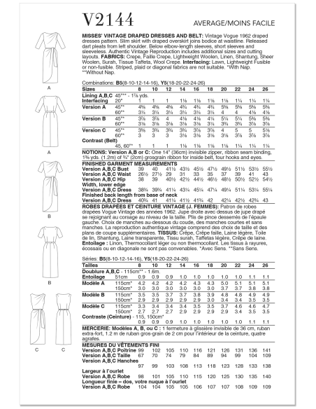 Patron Vogue 2144/Y5 (46-54) - Robe drapée vintage et ceinture
