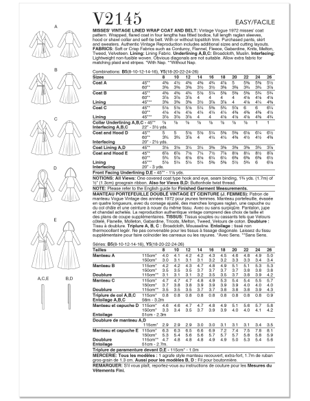 Patron Vogue 2145/B5 (36-44) - Manteau portefeuille doublé & ceinture