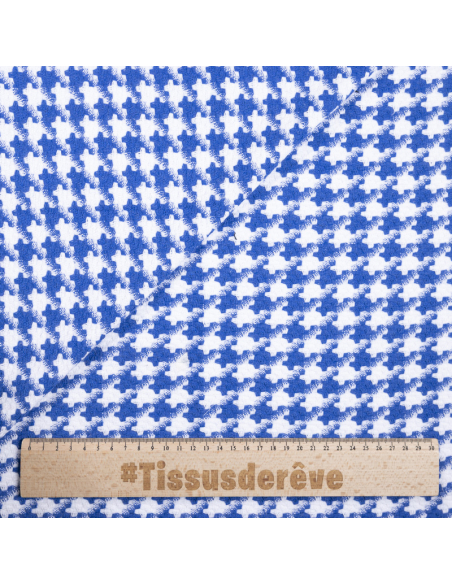 Tweed 100% coton - Pied-de-poule bleu et blanc